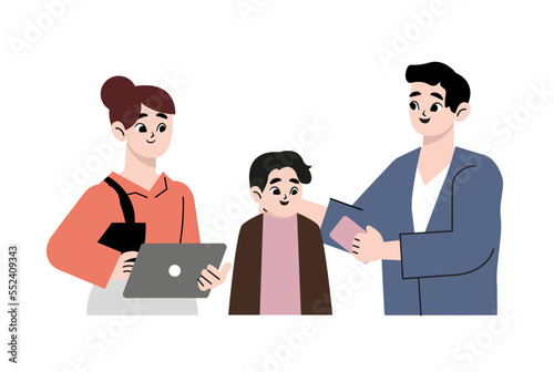 Happy family with gadgets. Vector cartoon illustration of a man, woman and child with phones isolated on white background.