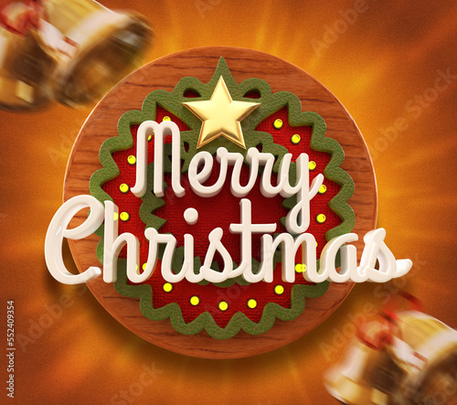 3D Render Merry Christmas label with bell and isolated red background. 3d render illustration.