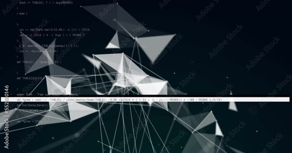 Animation of network of connections over data processing on black background Animation of network of connections over data processing on black background