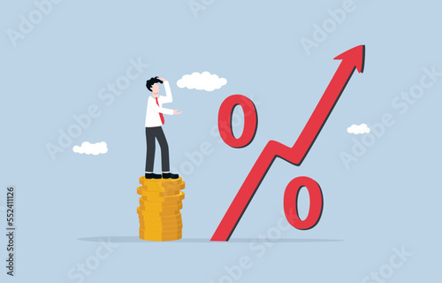 Impact of inflation on income, unfair wage compared to rising inflation, government failure in finance concept. Businessman standing on short coin stack looking at giant red rising percentage sign.