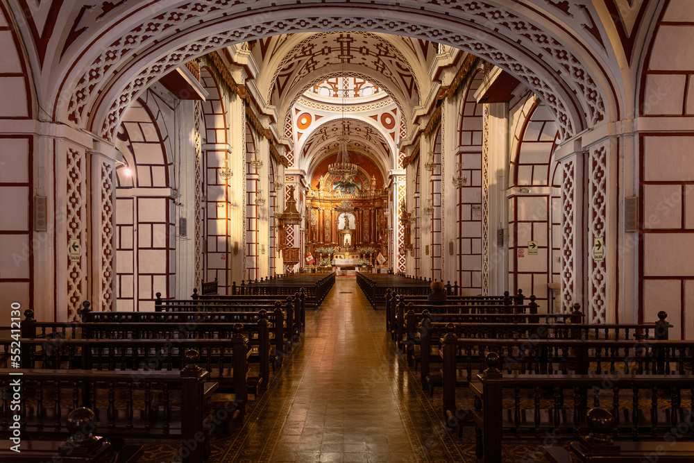 The neoclassical central nave of the church of San Francisco de Jesus, Lima, Peru.