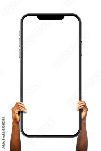 Black male hands holding big phone facing camera isolated on transparent background. blank screen, phone screen mockup, front view, clipping path, Free copy space, mask