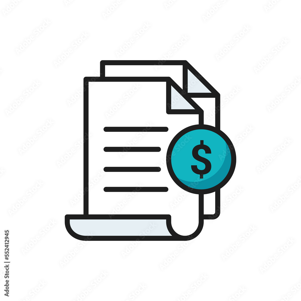 Invoice icon. Bill paid symbol. Tax form outline icon. Paper document with money sign. Vector illustration in flat line style Invoice icon. Bill paid symbol. Tax form outline icon. Paper document with money sign. Vector illustration in flat line style
