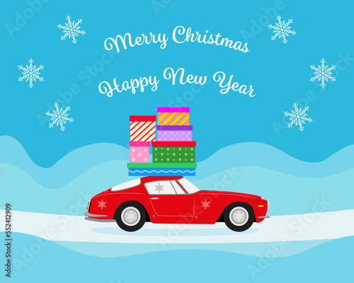 Merry Christmas and New Year design. Christmas car with gift boxes. Color vector illustration in cartoon flat style.