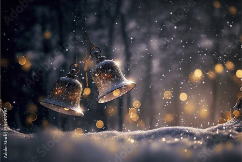 gorgeous magical bells shimmering on Christmas snow background.Generative AI.