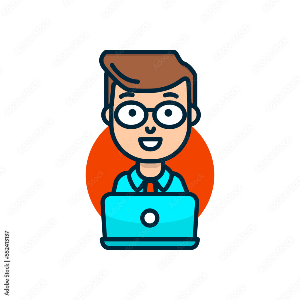 Man behind laptop vector illustration. Smiling businessman in glasses working behind desktop. Modern flat line style vector icon on white Man behind laptop vector illustration. Smiling businessman in glasses working behind desktop. Modern flat line style vector icon on white