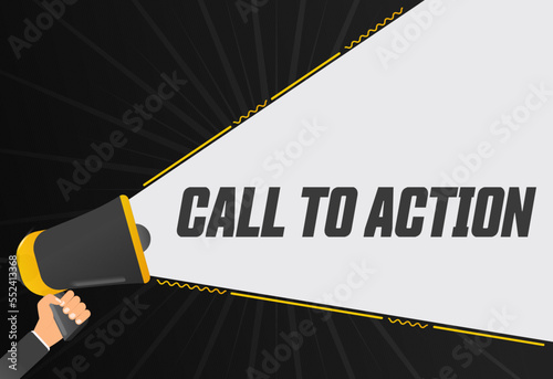 Call to action. Megaphone in hand promotion banner. Promotional advertising, marketing speech or client support vector