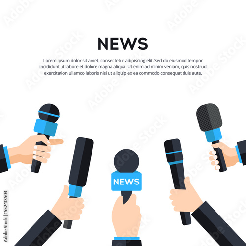 News interview vector illustration. Hands with microphones on white background. Mass media TV newscast illustration concept. Vector illustration in flat style