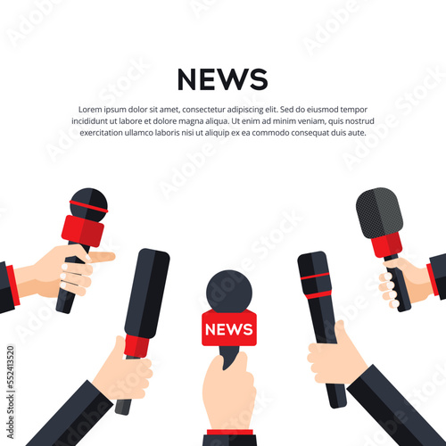 News interview vector illustration. Hands with microphones on white background. Mass media TV newscast illustration concept. Vector illustration in flat style