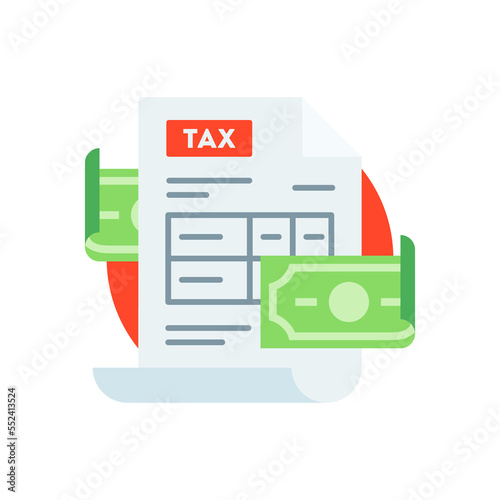 Tax return form icon. Paper document with cash in circle. Completed income taxation page. Vector flat style icon