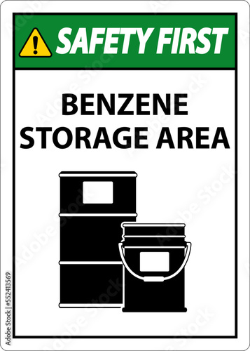 Safety First Benzene Storage Area Sign On White Background