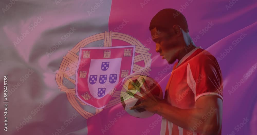 Animation of african american male soccer player over flag of portugal