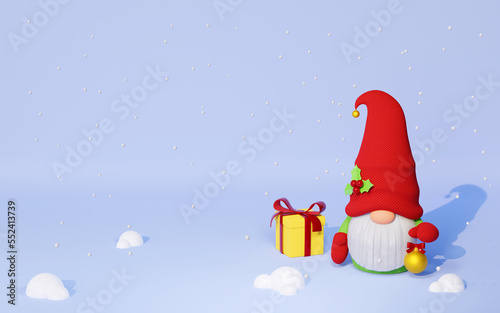 Christmas Scandinavian gnome in red hat with gift box and Christmas tree toy 3D render illustration. photo