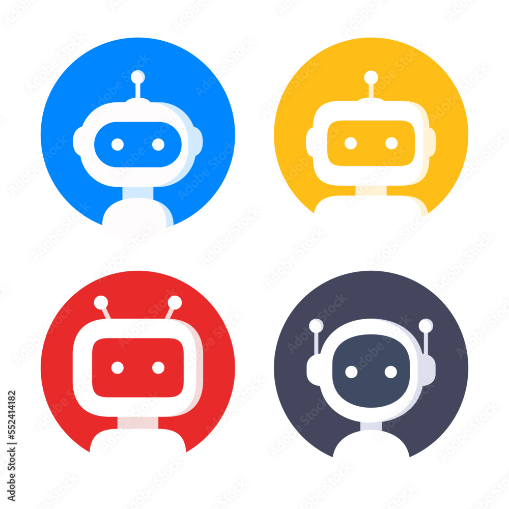 Robot in circle icon set. Bot sign design. Chatbot symbol, logo template. Modern flat style cartoon character illustrations isolated on white background Robot in circle icon set. Bot sign design. Chatbot symbol, logo template. Modern flat style cartoon character illustrations isolated on white background