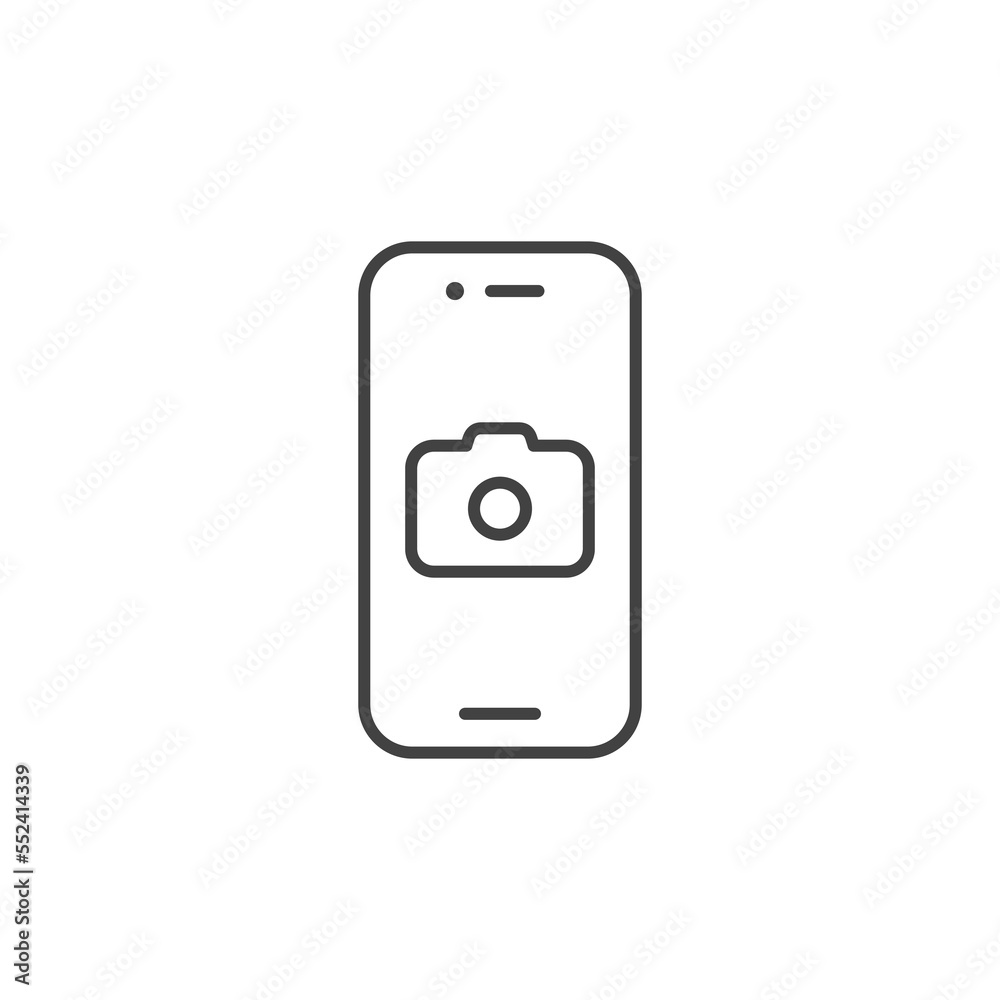 Smartphone with camera line icon. Mobile phone with photo sign for web design or business card. Vector outline element isolated on white Smartphone with camera line icon. Mobile phone with photo sign for web design or business card. Vector outline element isolated on white