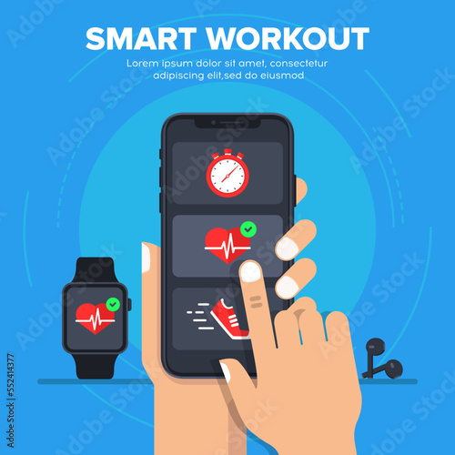 Smart workout vector illustration concept. Smartphone synchronization with a smart watch. Smart fitness training progress on smartphone connected with smartwatch. Vector illustration