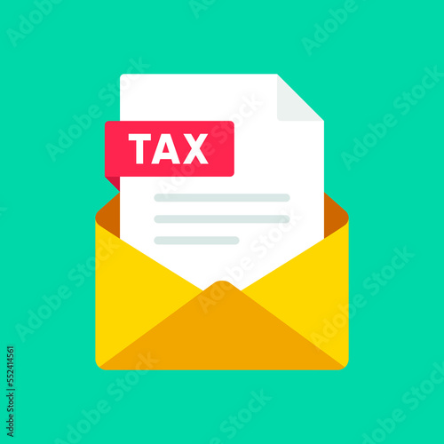 Tax mail icon. Envelope with tax file. Email message received with bill document. Tax document email attachment. Paper bank mail document icon. Vector illustration