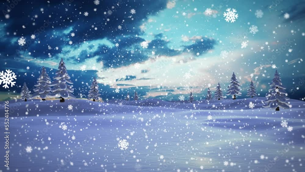 Animation of snowflakes falling over winter landscape