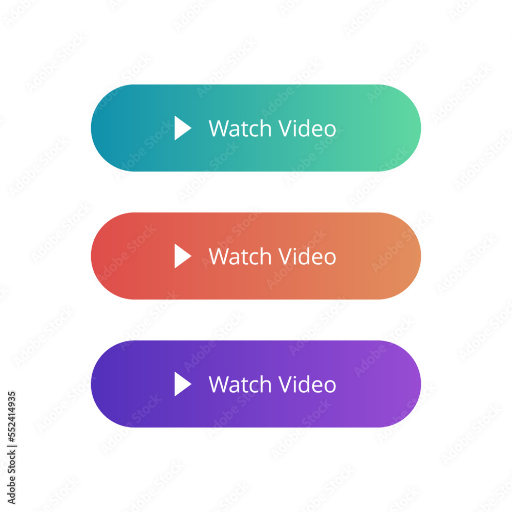 Watch video vector buttons. Video play button set in different colors isolated on white background. Flat gradient buttons. Vector modern colourful buttons collection Watch video vector buttons. Video play button set in different colors isolated on white background. Flat gradient buttons. Vector modern colourful buttons collection