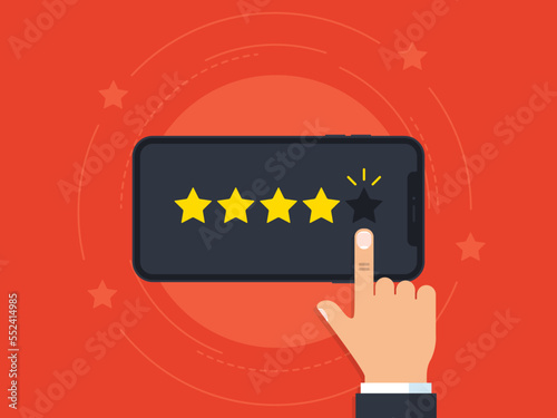 We want your feedback illustration concept. Hand want to give five star rating on smartphone. Business survey on mobile phone. Banner for promotion and advertising. Vector illustration