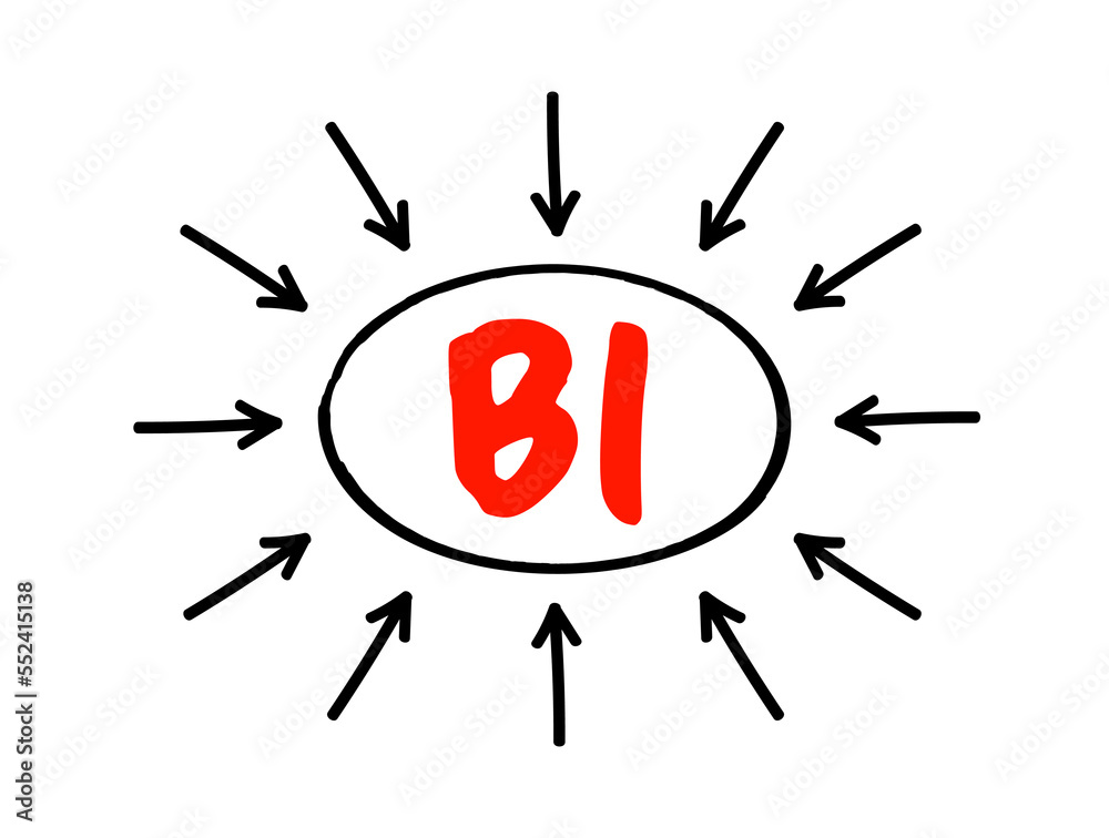 BI Business Intelligence - strategies and technologies used by enterprises for the data analysis and management of business information, acronym text with arrows BI Business Intelligence - strategies and technologies used by enterprises for the data analysis and management of business information, acronym text with arrows