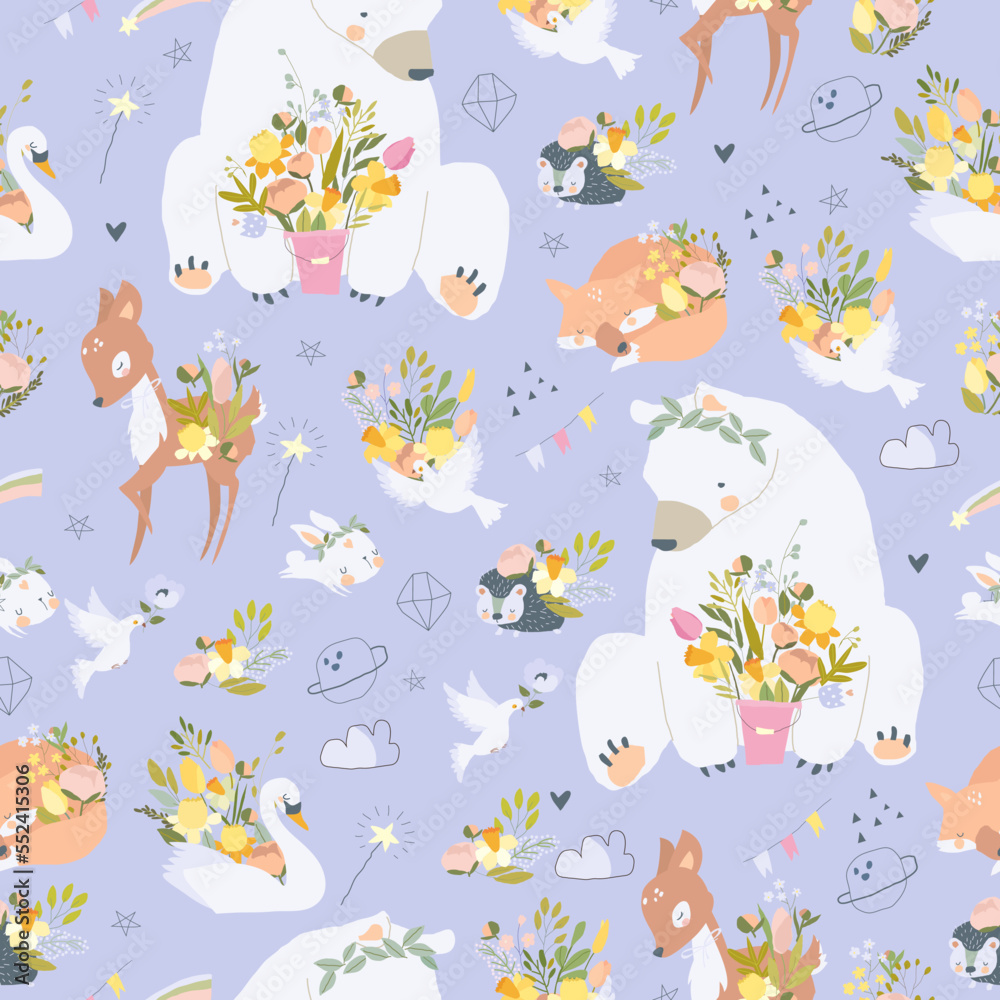 Seamless Pattern with Cute Animals and Spring Flowers Seamless Pattern with Cute Animals and Spring Flowers