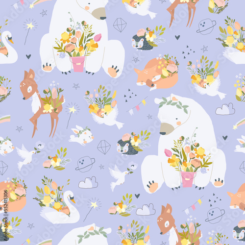Seamless Pattern with Cute Animals and Spring Flowers