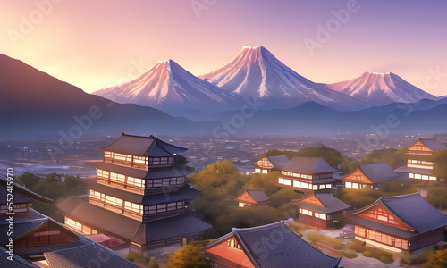 Scenic view on imaginary asian village in the mountains. Warm sunset colors. Anime style digital illustration.