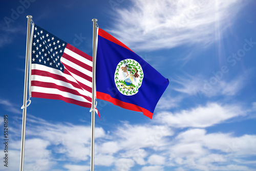 United States of America and Belize flags over blue sky background. 3D illustration