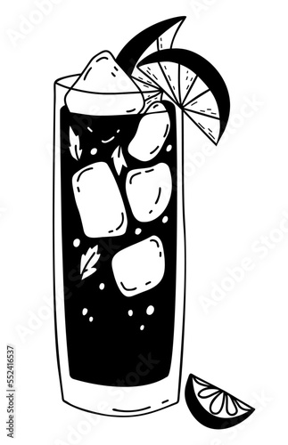 Popular cocktail. Mojito lemonade with ice cubes, mint and lime pieces. Vector illustration in hand drawn doodle style. Non-alcoholic refreshing drink for design and decoration