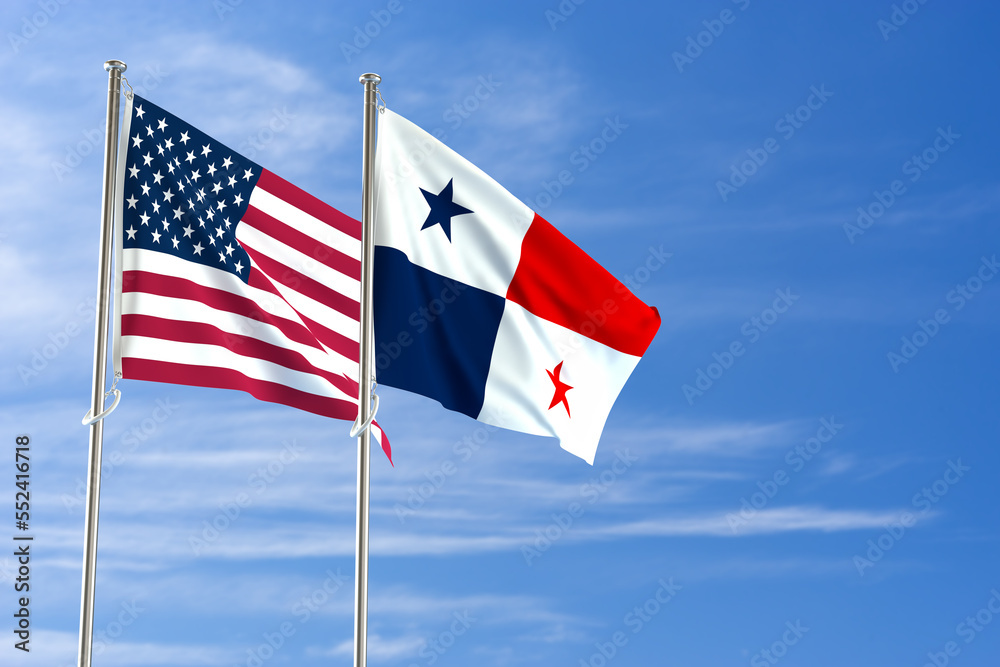 United States of America and Panama flags over blue sky background. 3D illustration