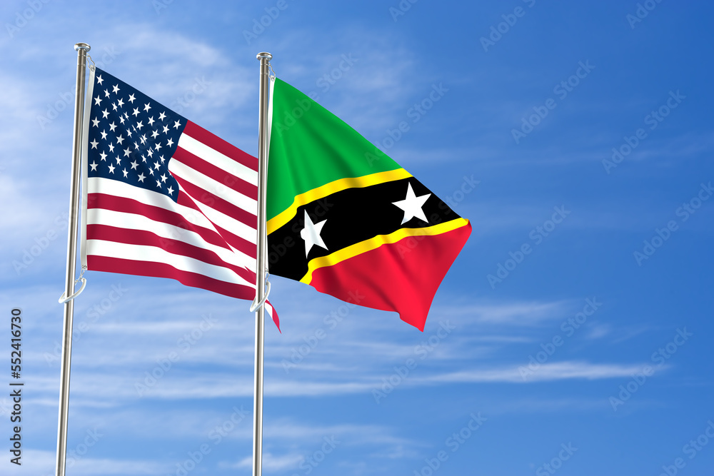 United States of America and Federation of Saint Christopher and Nevis flags over blue sky background. 3D illustration