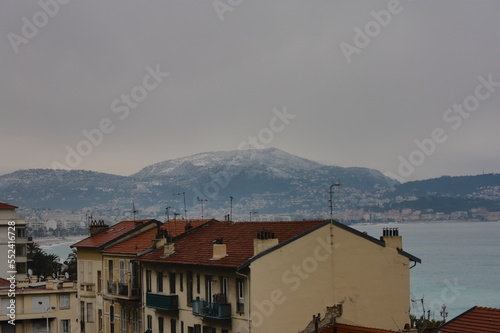Rare snow on the Cote d'Azur  in Nice, France