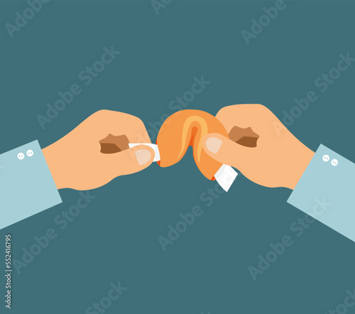 Hand hold Chinese fortune cookies in trendy flat style. Vector illustration isolated on dark background.	