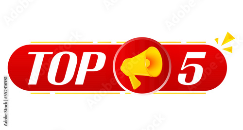 Megaphone with top 5 on white background. Megaphone banner. Web design. Vector