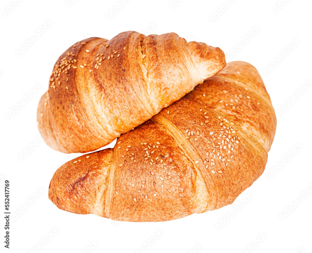 Two french croissants isolated on white background