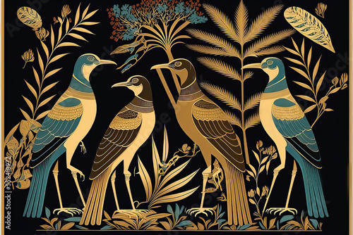 birds with ancient Egyptian art style, pattern (4),mysterious, Generate by generative ai 