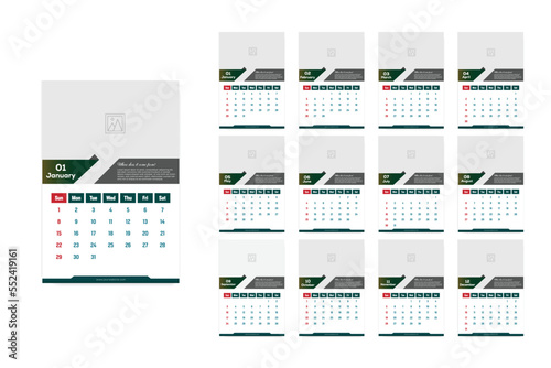 Calendar template for 2023 year. Week starts on Sunday. Wall planner with photo image.