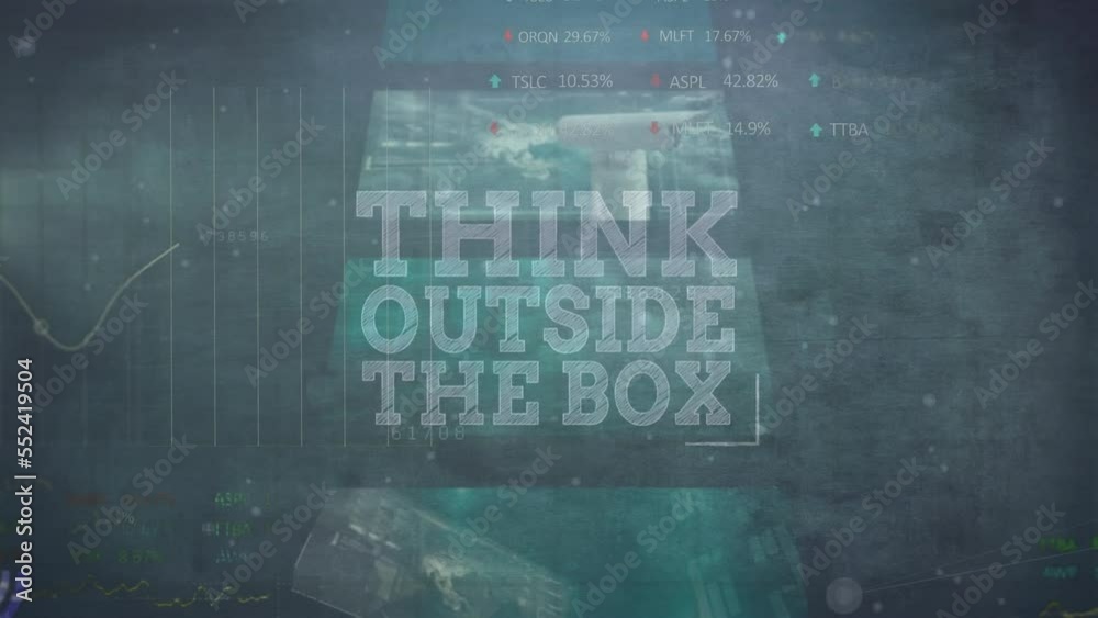 Animation of think outside the box text over screens with data processing against grey background
