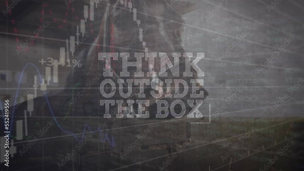 Animation of think outside the box text over financial data processing against horse in a stable