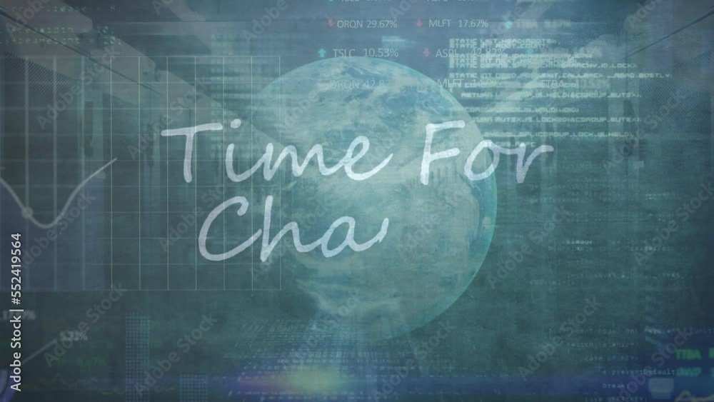 Animation of time for change text over stock market data processing and globe against server room