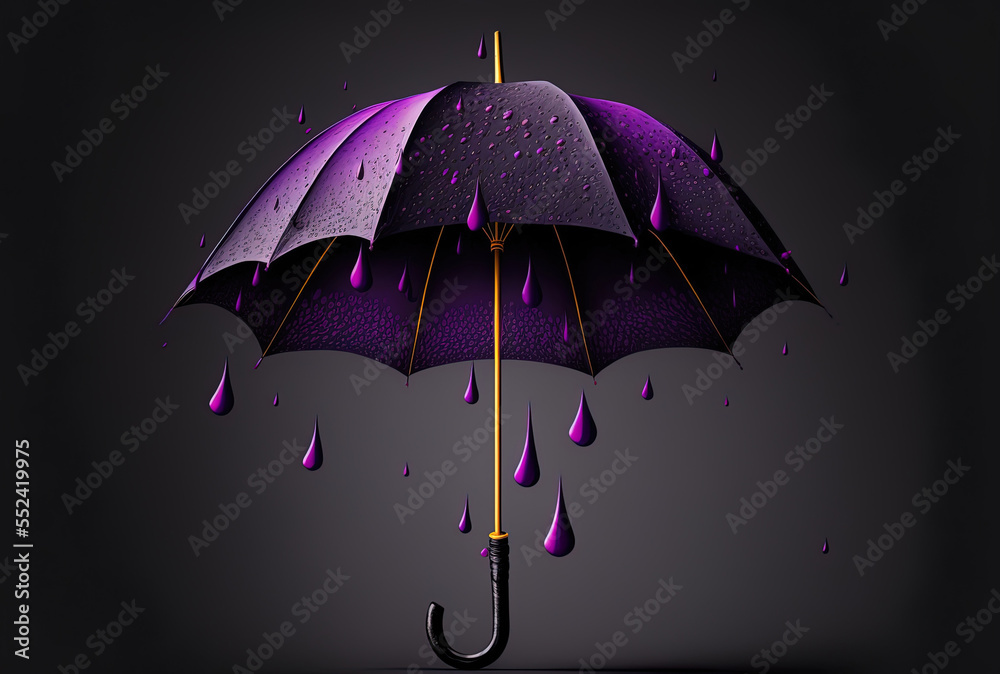 Atop a black background, a purple umbrella is open and moist