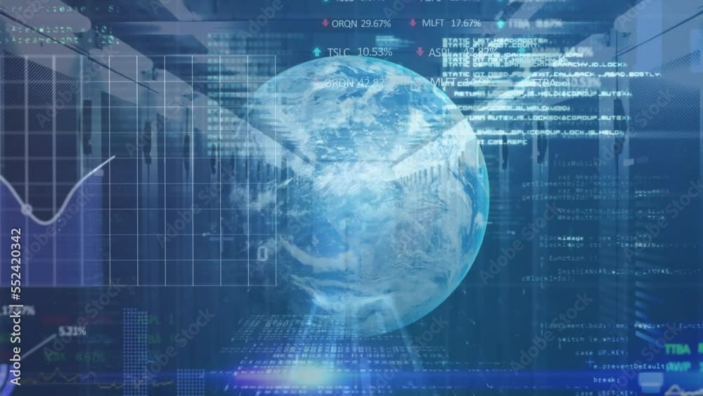 Animation of globe, binary coding and data processing over computer servers Animation of globe, binary coding and data processing over computer servers