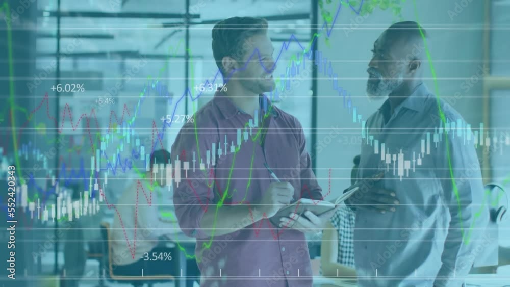 Animation of statistics and data processing over business people Animation of statistics and data processing over business people