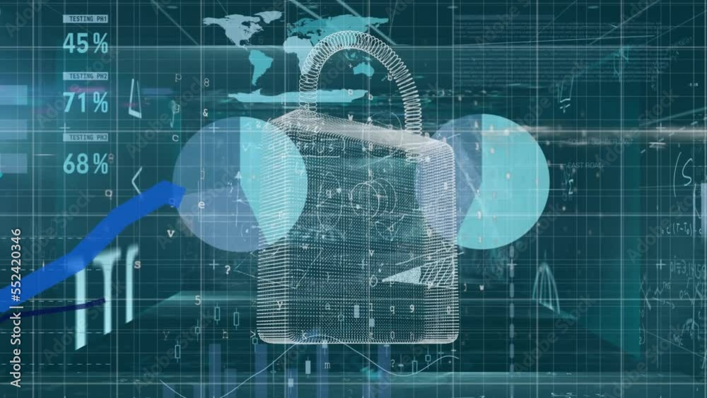 Animation of data processing over padlock Animation of data processing over padlock