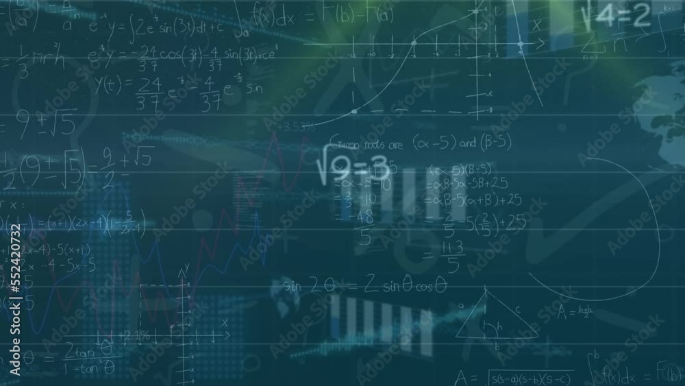 Animation of mathematical sums, graphs, globe, lens flare against green background Animation of mathematical sums, graphs, globe, lens flare against green background