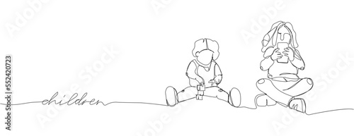Little children play with toys and gadgets one line art with an inscription. Continuous line drawing of child, childhood, play, boy, girl, smartphone, kindergarten, problem, motherhood.