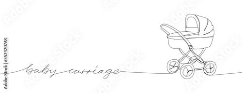 Baby stroller one line art with an inscription baby carriage. Continuous line drawing of childhood, safety, protection, transportation, personal, classic style, for winter.