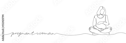 Pregnant woman sitting in lotus position one line art with an inscription. Continuous line drawing of pregnancy, motherhood, fitness, preparation for childbirth, yoga for pregnant women.