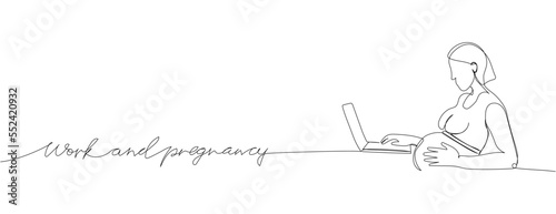 Working pregnant one line art with an inscription work and pregnancy. Continuous line drawing of pregnancy, motherhood, preparation for childbirth, work during pregnancy, working woman, maternity.